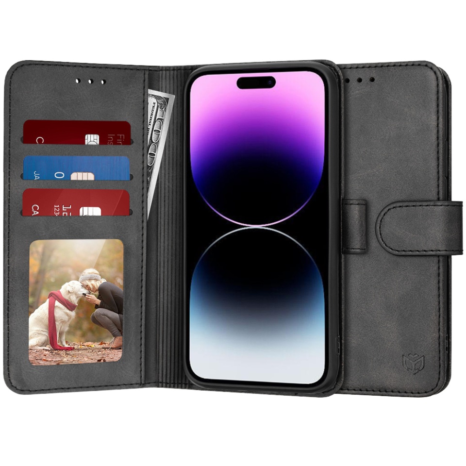 Husa pentru iPhone 14 Pro Max, SKYDDAR INNOVATION, Diary Book, tip carte, cu Portofel Interior, Antisoc, Negru, set cu sticker