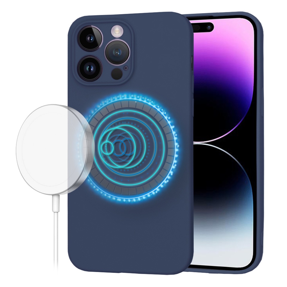 Husa pentru iPhone 14 Pro Max, SKYDDAR INNOVATION, din Silicon Catifelat, SoftFlex Magsafe, Bleumarin, set cu sticker