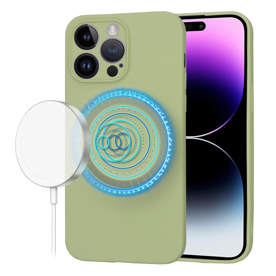 Husa pentru iPhone 14 Pro Max, SKYDDAR INNOVATION, din Silicon Catifelat, SoftFlex Magsafe, Verde, set cu sticker