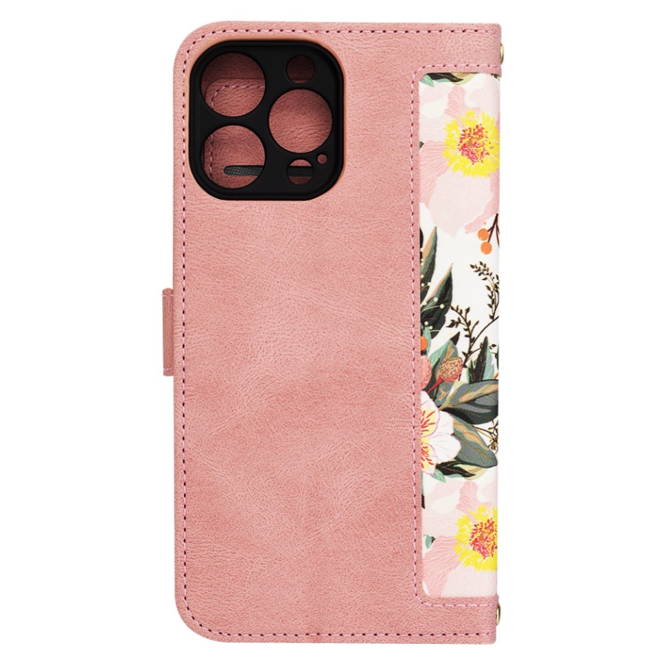 Husa pentru iPhone 14 Pro Max, SKYDDAR INNOVATION, Floral Wallet, din Piele Ecologică cu Design Floral, Protecție 360°, Stand Integrat, Buzunare pentru Carduri, Roz, set cu sticker - 2 | YEO