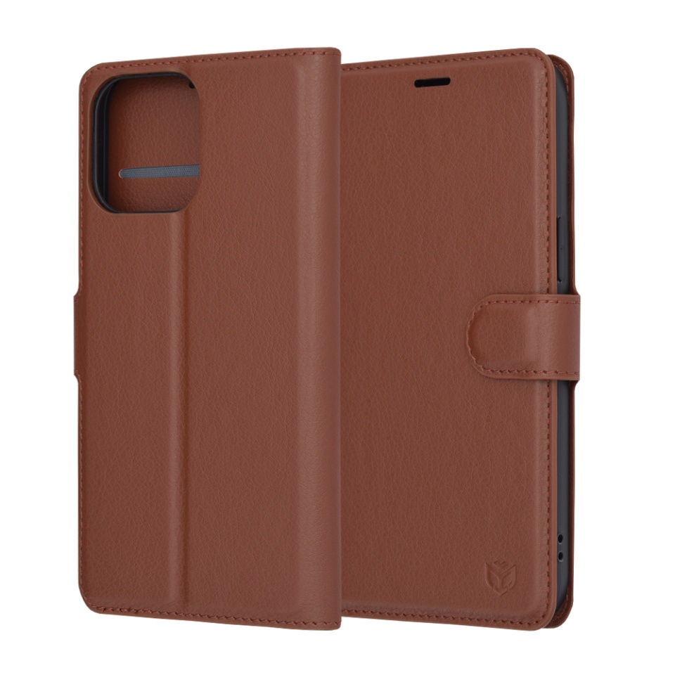 Husa pentru iPhone 14 Pro Max, SKYDDAR INNOVATION, Leather Folio, tip Carte, cu Portofel Interior, Finisaje Premium, Maro, set cu sticker