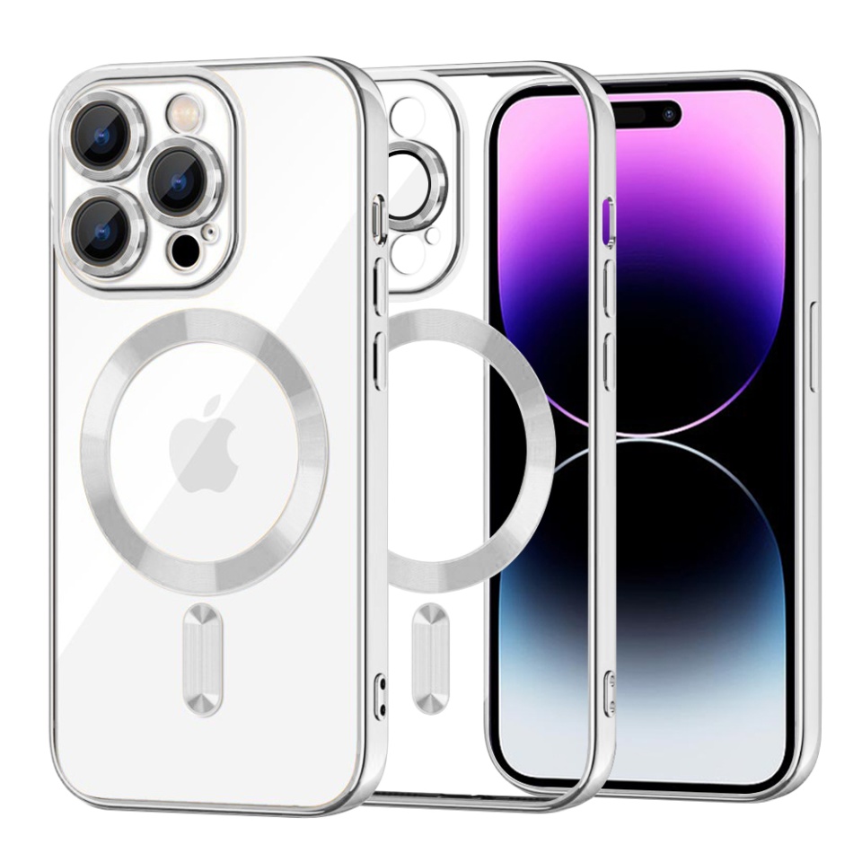 Husa pentru iPhone 14 Pro Max, SKYDDAR INNOVATION, Luxury Shield Magsafe, Protectie Antisoc, Argintiu, set cu sticker