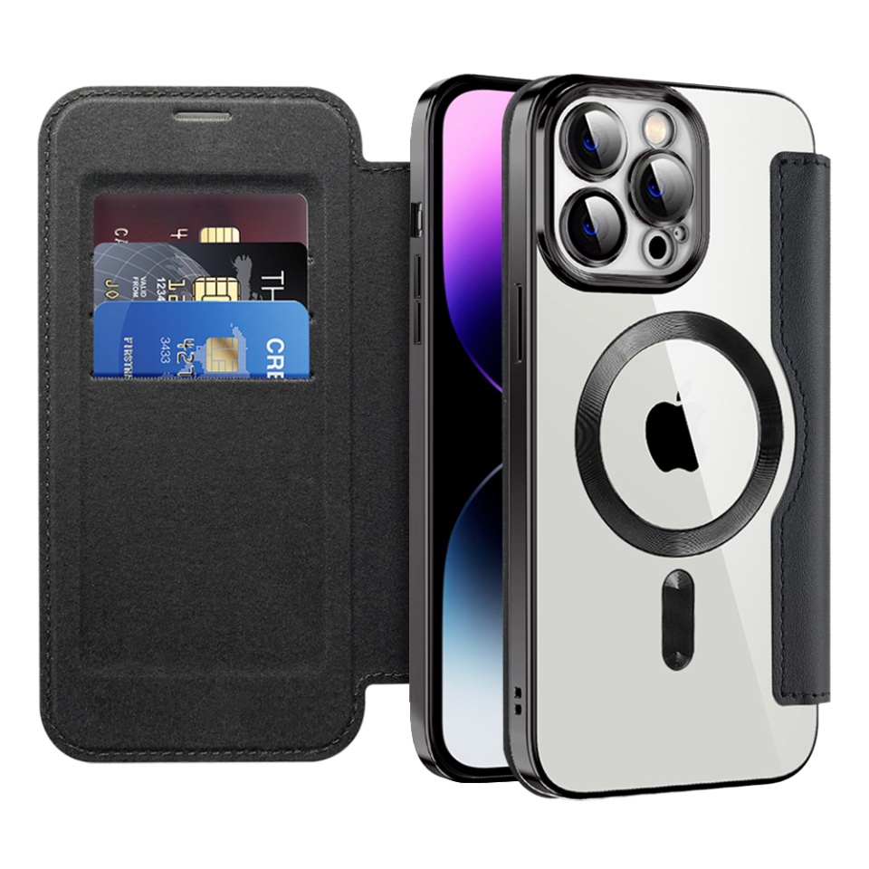 Husa pentru iPhone 14 Pro Max tip carte, SKYDDAR INOVATION, SmartMag Book, Magsafe, RFiD, Suport Carduri, set cu sticker, Negru