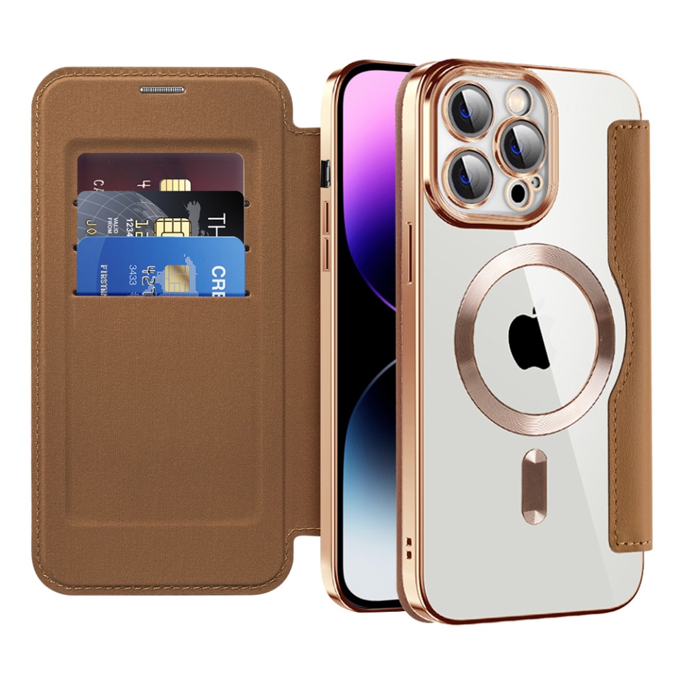 Husa pentru iPhone 14 Pro Max tip carte, SKYDDAR INOVATION, SmartMag Book, Magsafe, RFiD, Suport Carduri, set cu sticker, Maro