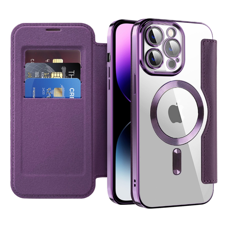 Husa pentru iPhone 14 Pro Max tip carte, SKYDDAR INOVATION, SmartMag Book, Magsafe, RFiD, Suport Carduri, set cu sticker, Mov