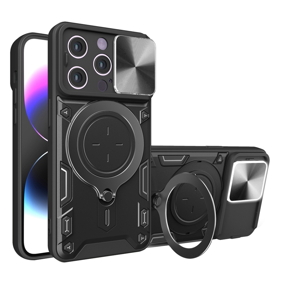 Husa pentru iPhone 14 Pro, SKYDDAR INNOVATION, CamGuard Pro, Inel Magnetic, Protectie Camera, set cu sticker, Negru