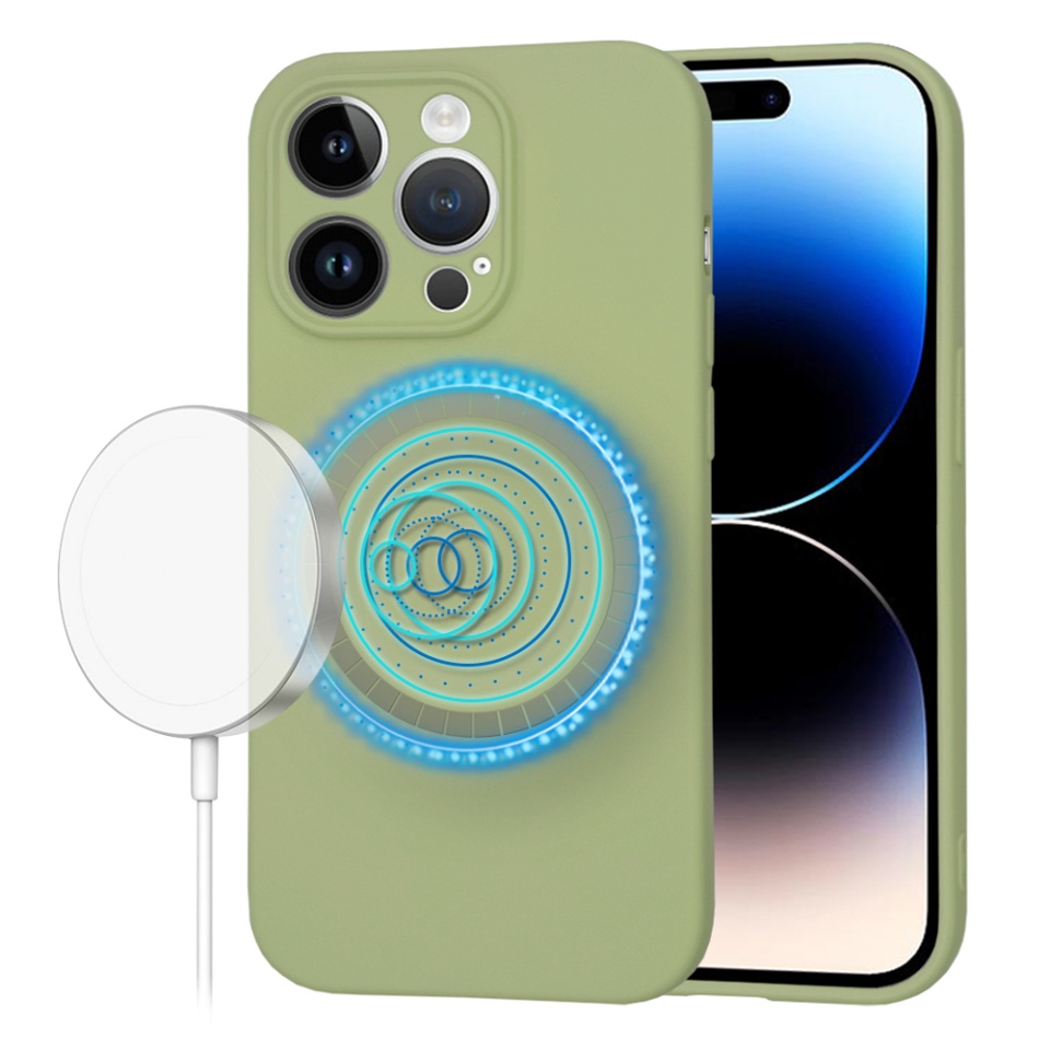 Husa pentru iPhone 14 Pro, SKYDDAR INNOVATION, din Silicon Catifelat, SoftFlex Magsafe, Verde, set cu sticker