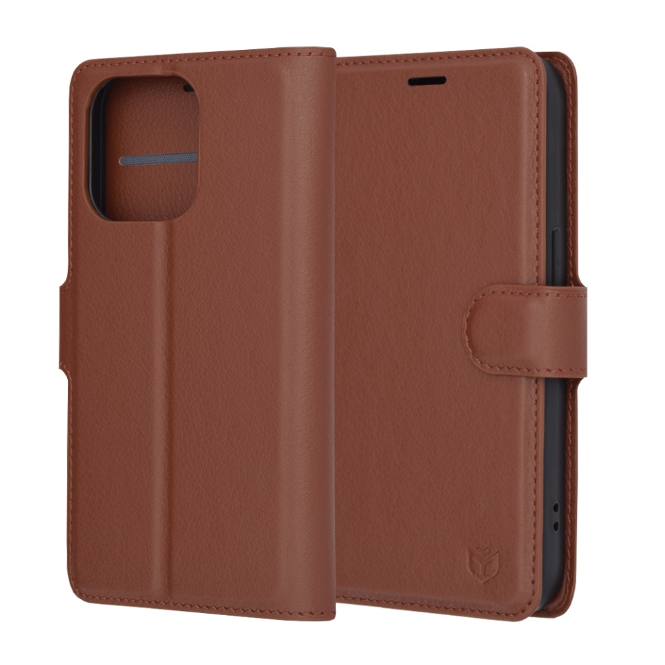 Husa pentru iPhone 14 Pro, SKYDDAR INNOVATION, Leather Folio, tip Carte, cu Portofel Interior, Finisaje Premium, Maro, set cu sticker