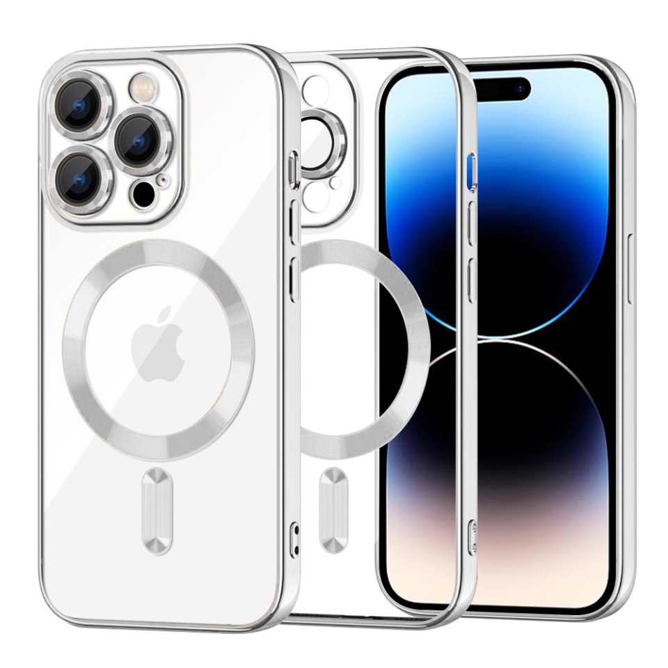 Husa pentru iPhone 14 Pro, SKYDDAR INNOVATION, Luxury Shield Magsafe, Protectie Antisoc, Argintiu, set cu sticker