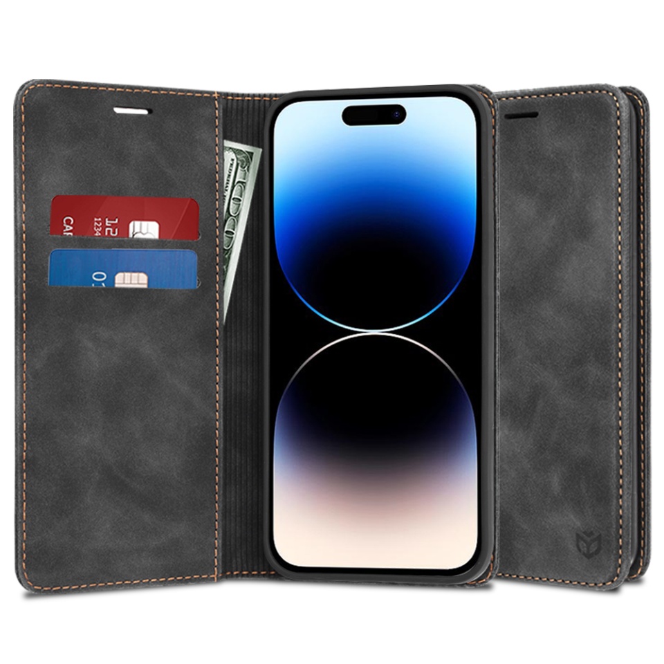 Husa pentru iPhone 14 Pro, SKYDDAR INNOVATION, Soft Wallet, tip Carte din piele Eco Premium, cu Portofel Interior, Negru, set cu sticker