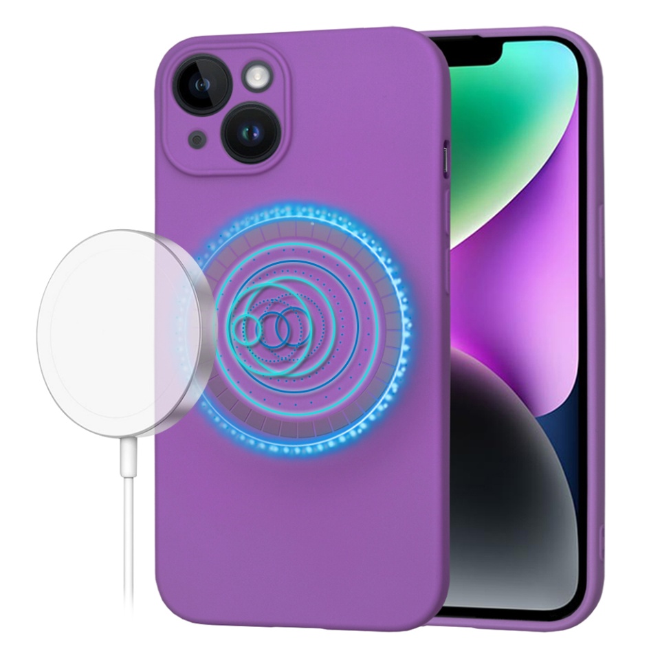 Husa pentru iPhone 14, SKYDDAR INNOVATION, din Silicon Catifelat, SoftFlex Magsafe, Mov, set cu sticker