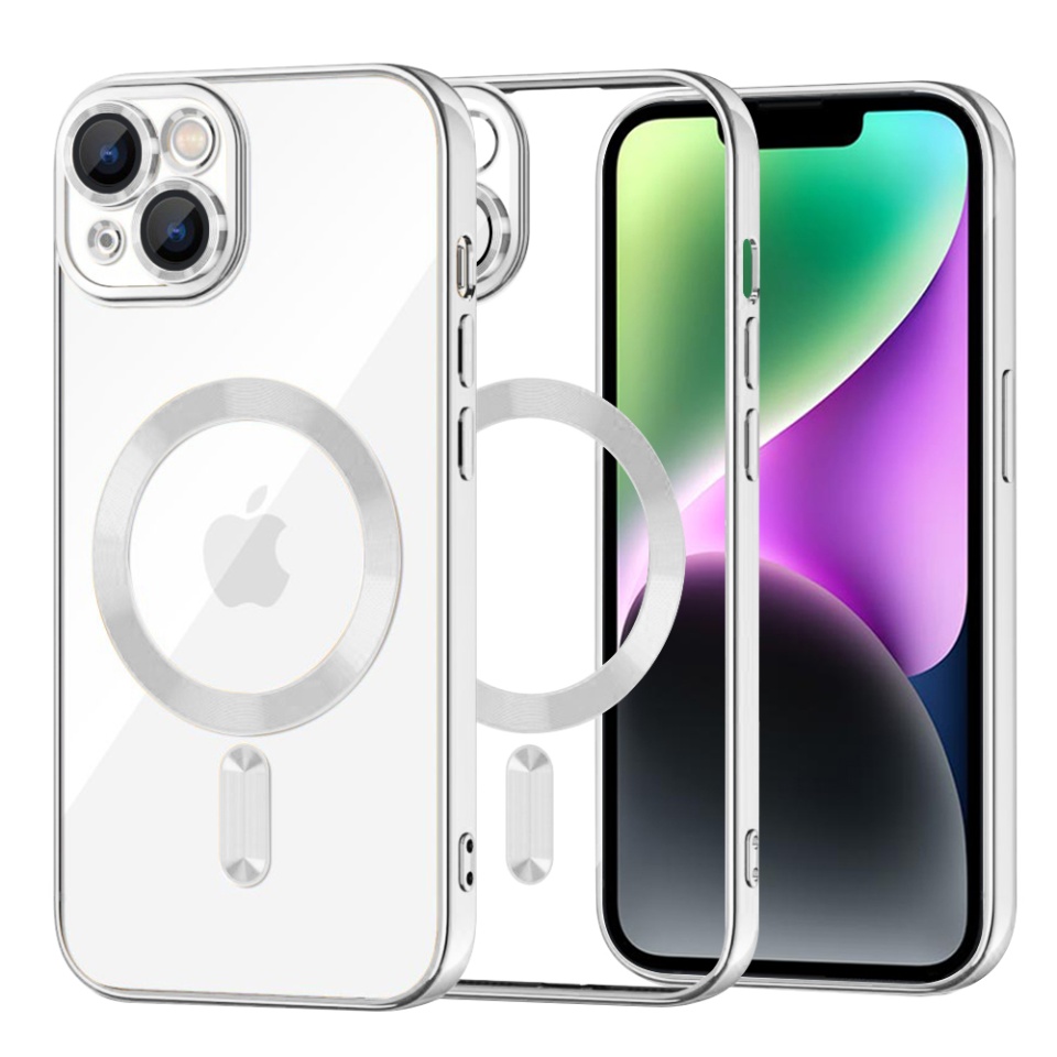Husa pentru iPhone 14, SKYDDAR INNOVATION, Luxury Shield Magsafe, Protectie Antisoc, Argintiu, set cu sticker