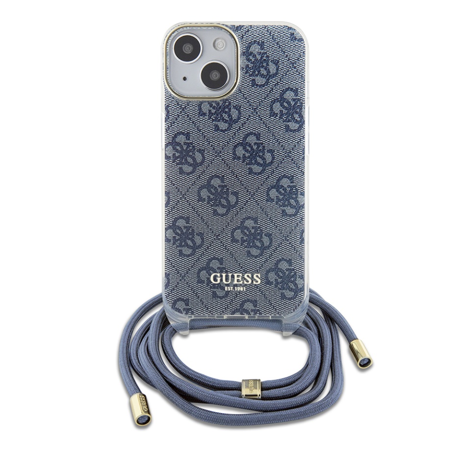 Husa pentru iPhone 15 cu snur, Crossbody Cord 4G Print, Guess - Albastru - 2 | YEO