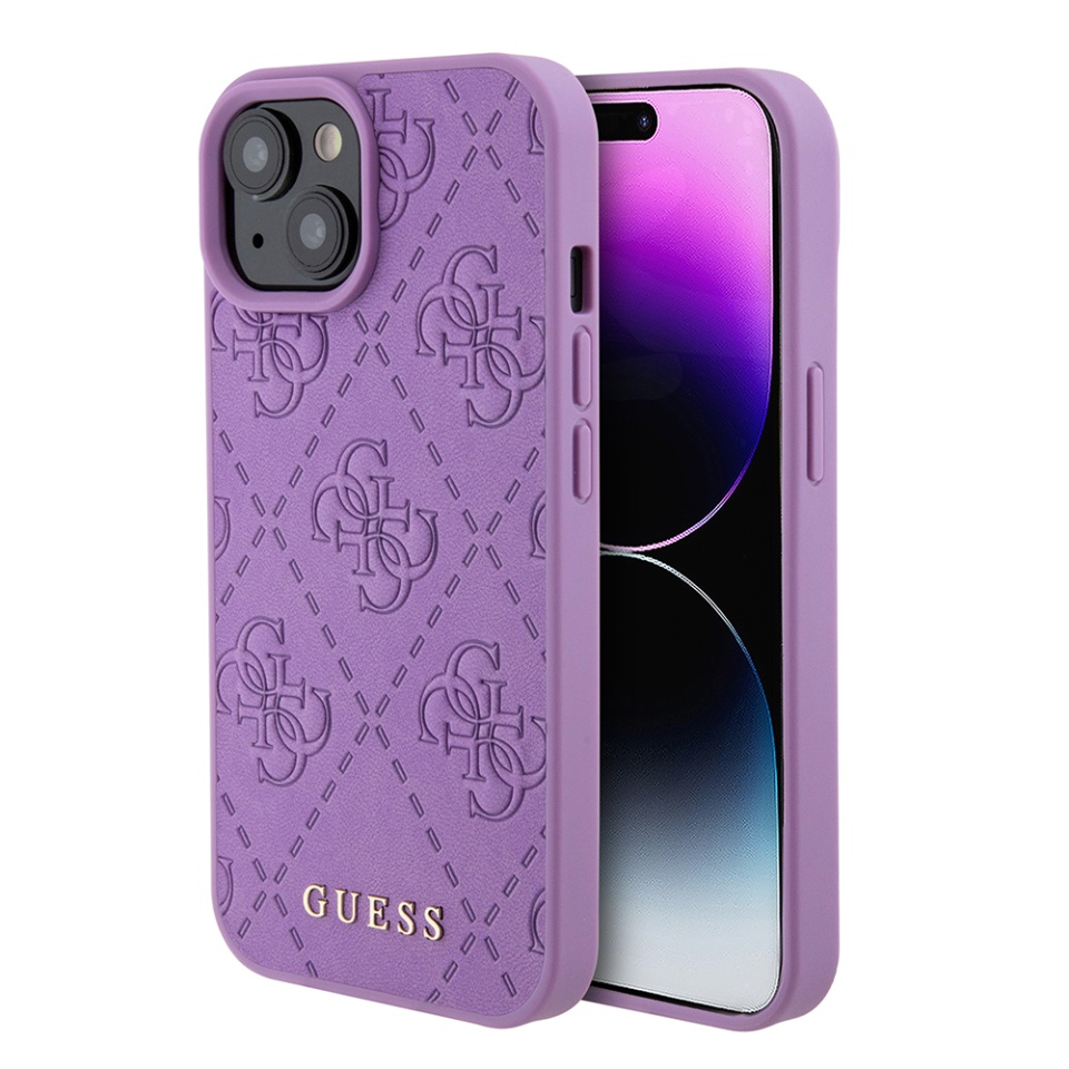 Husa pentru iPhone 15 cu snur, Leather 4G Stamped, Guess - Mov
