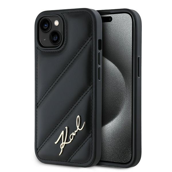 Husa pentru iPhone 15, Diagonal Quilted Script, Karl Lagerfeld - Negru