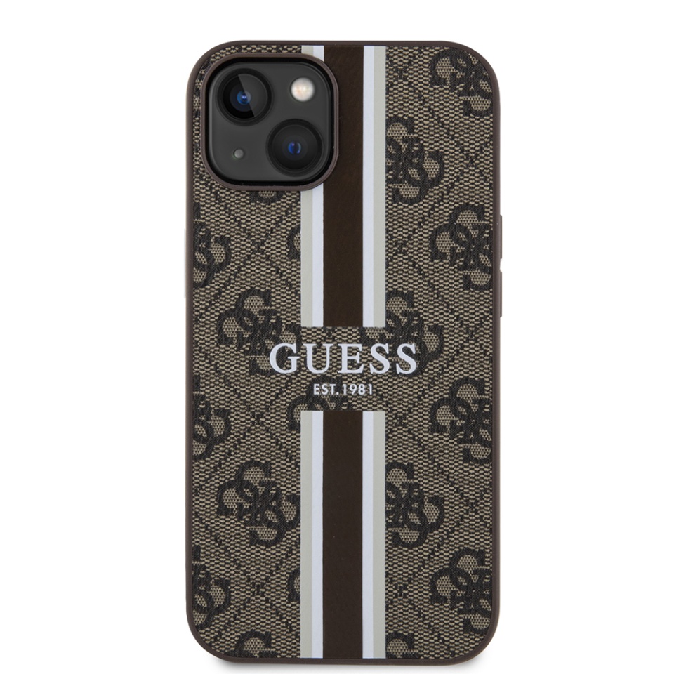 Husa pentru iPhone 15, Guess, Guess, Hardcase 4G Printed Stripes MagSafe, Maro - 1 | YEO