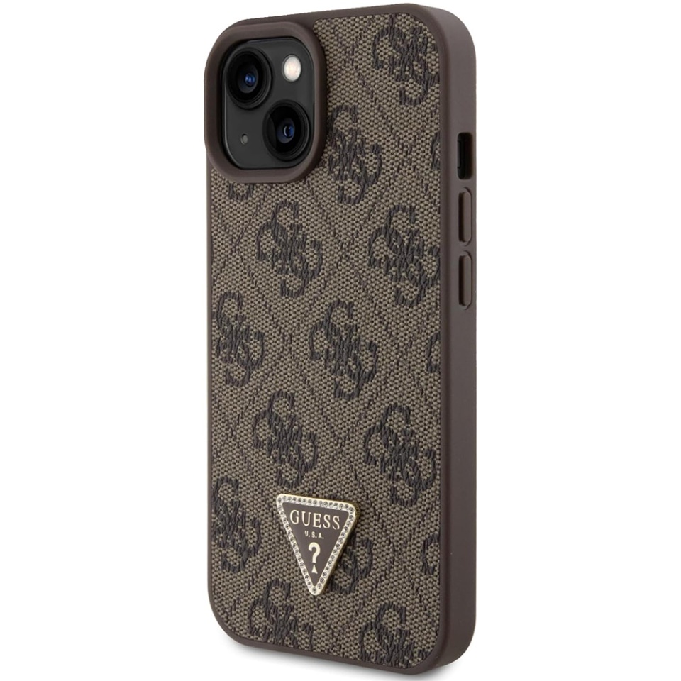 Husa pentru iPhone 15, Guess, Leather 4G Triangle Strass, Maro - 2 | YEO