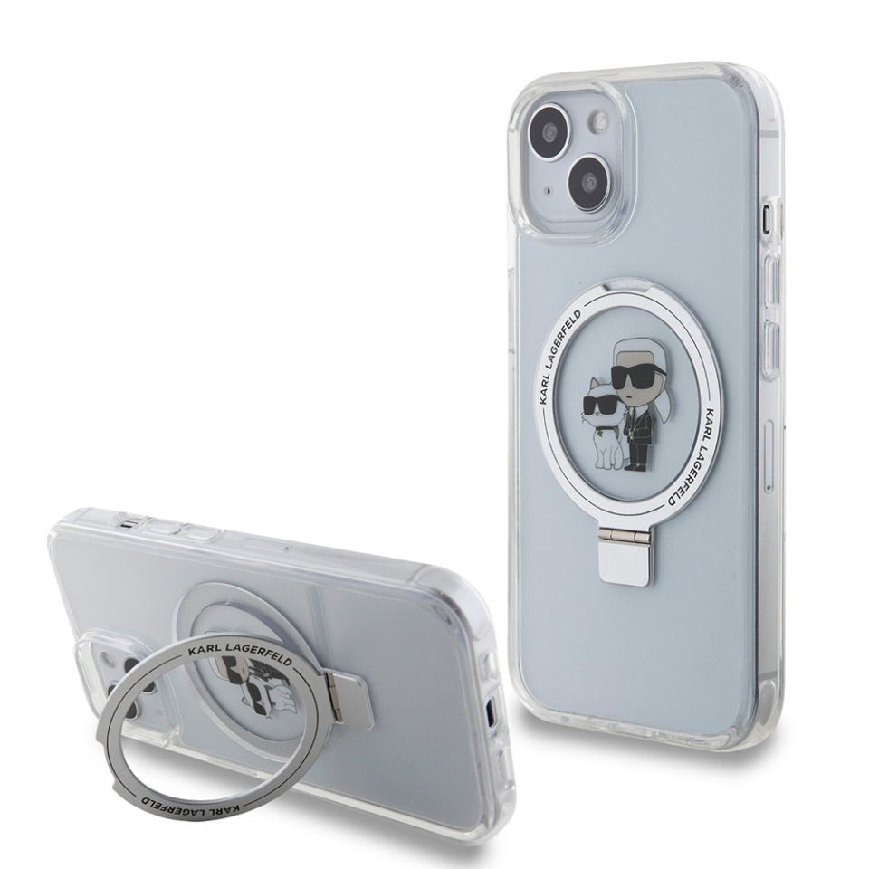 Husa pentru iPhone 15, Hardcase Ring Stand MagSafe, Karl Lagerfeld - Alb