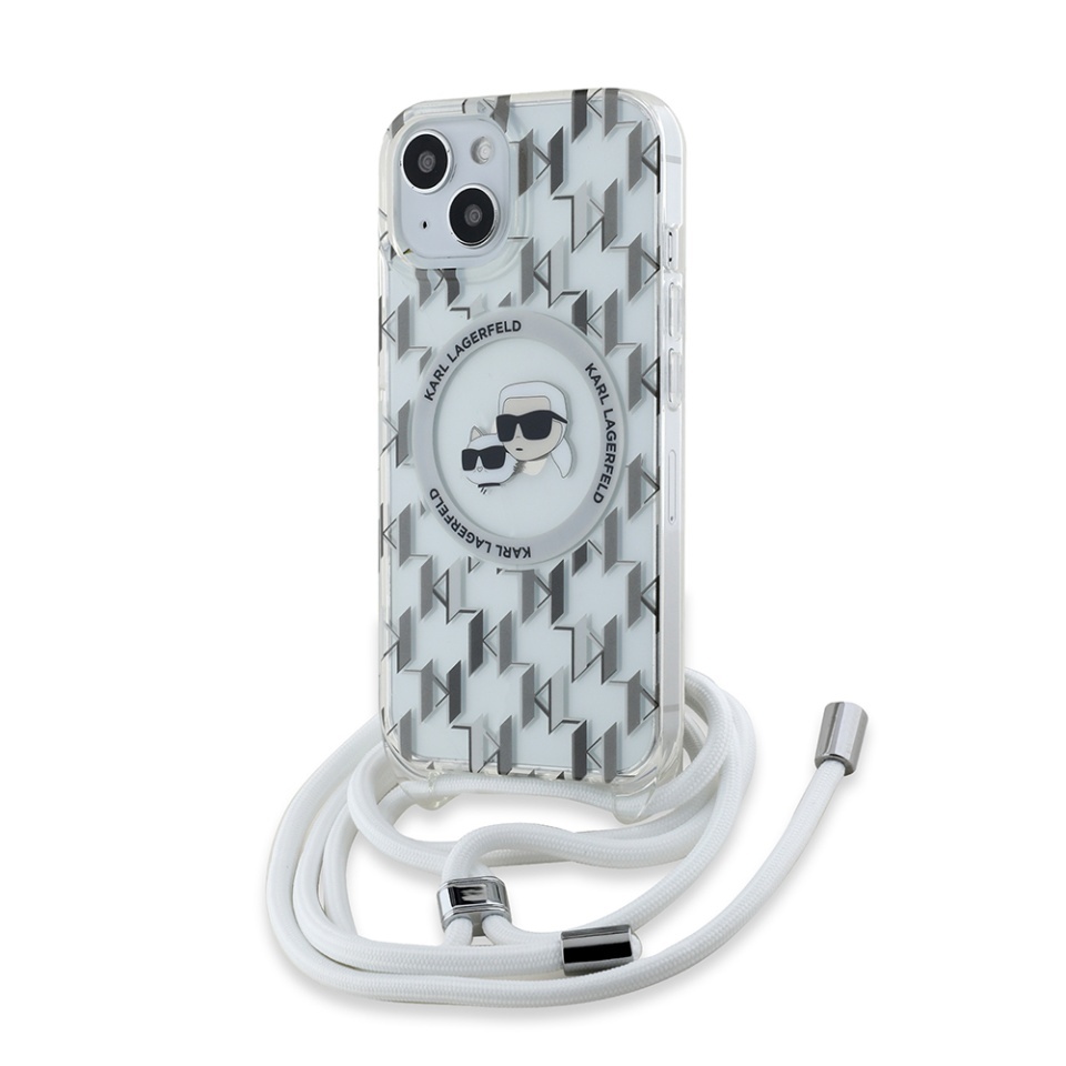 Husa pentru iPhone 15, Karl Lagerfeld, IML Crossbody MagSafe, Clear Mono Karl&Choupette