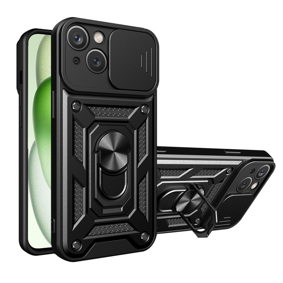Husa pentru iPhone 15 Plus, SKYDDAR INNOVATION, CamShield, Negru, set cu sticker