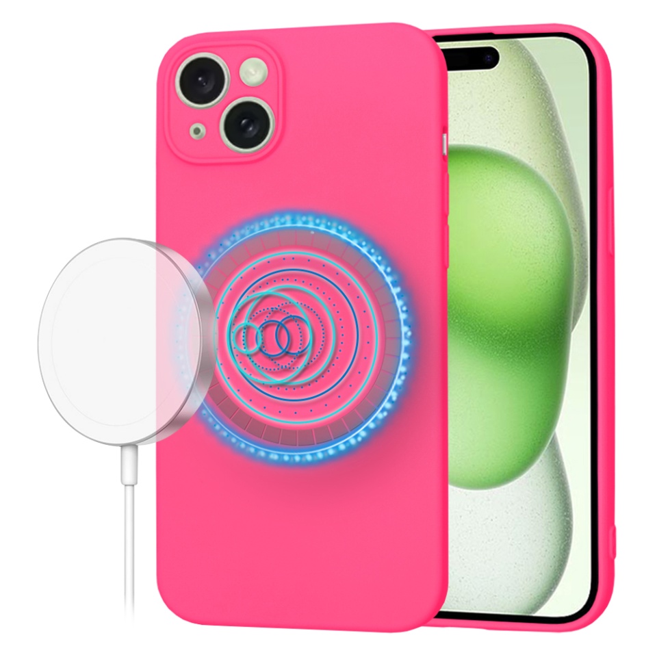 Husa pentru iPhone 15 Plus, SKYDDAR INNOVATION, din Silicon Catifelat, SoftFlex Magsafe, Fucsia, set cu sticker