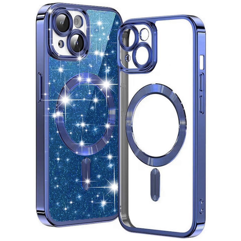 Husa pentru iPhone 15 Plus, SKYDDAR INNOVATION, Luxury Glitter Magsafe, Antisoc, Fundal Detasabil 2-in-1, Protectie Superioara, Margini Ridicate, Albastru, set cu sticker