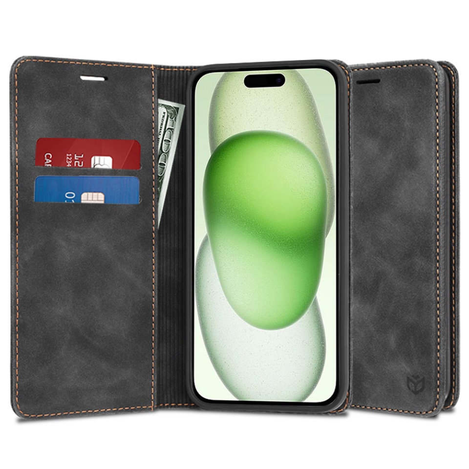 Husa pentru iPhone 15 Plus, SKYDDAR INNOVATION, Soft Wallet, tip Carte din piele Eco Premium, cu Portofel Interior, Negru, set cu sticker