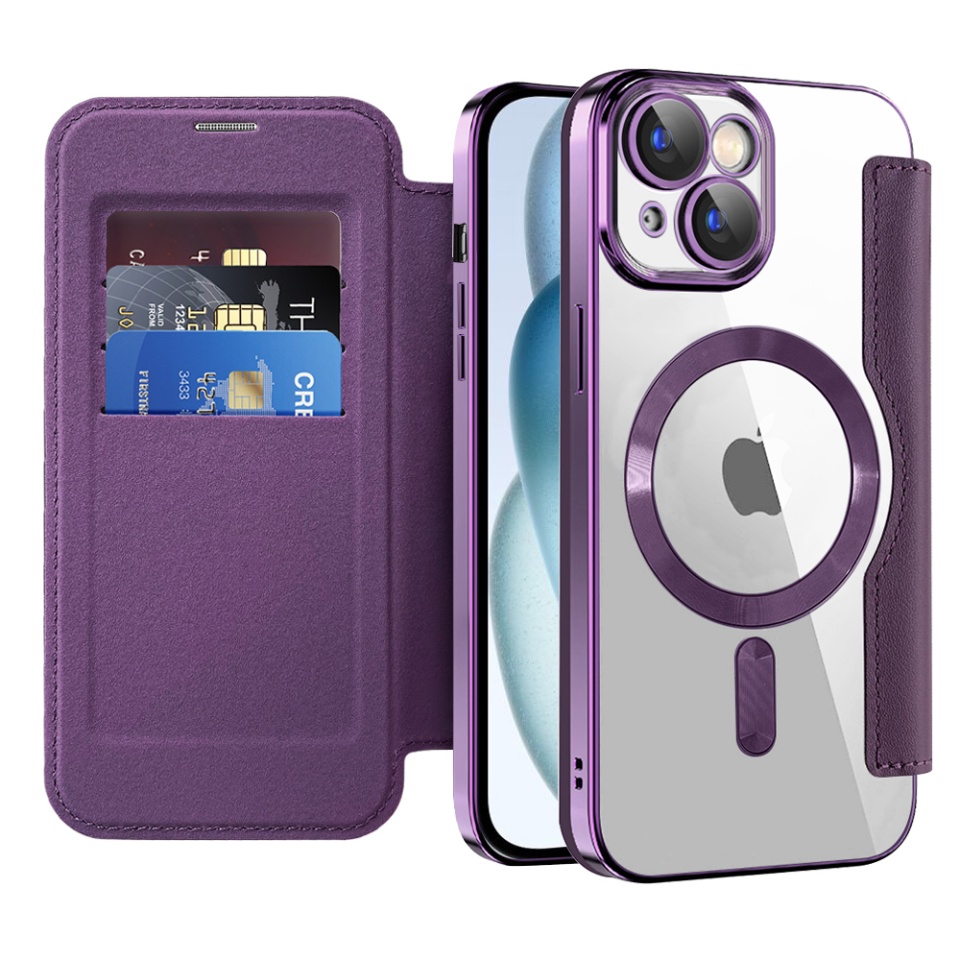 Husa pentru iPhone 15 Plus tip carte, SKYDDAR INOVATION, SmartMag Book, Magsafe, RFiD, Suport Carduri, set cu sticker, Mov