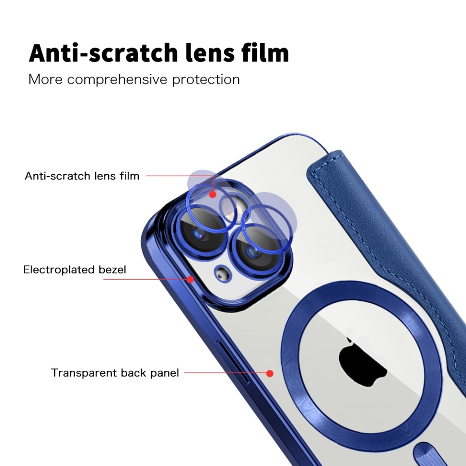 Husa pentru iPhone 15 Plus tip carte, SKYDDAR INOVATION, SmartMag Book, Magsafe, RFiD, Suport Carduri, set cu sticker, Albastru - 2 | YEO