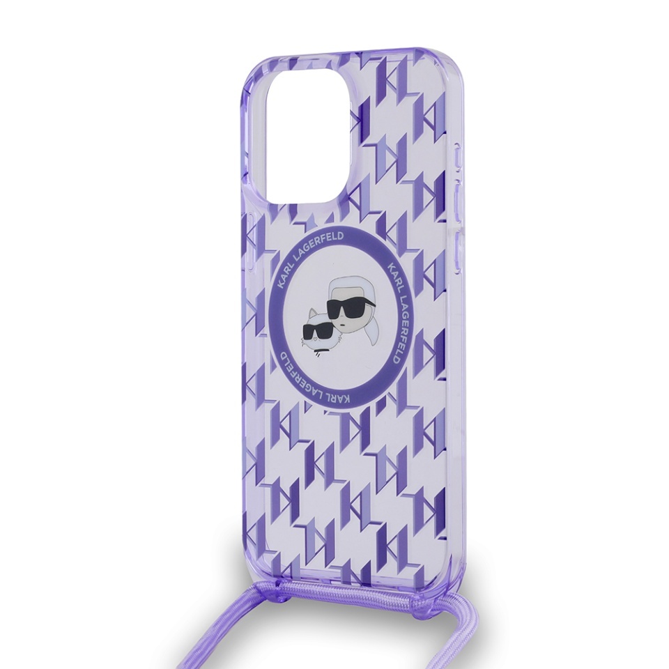 Husa pentru iPhone 15 Pro Max, Karl Lagerfeld, IML Crossbody MagSafe, Purple Monogram Karl&Choupette Head - 2 | YEO