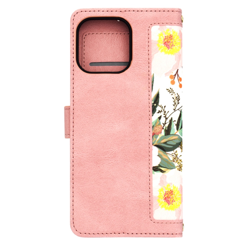 Husa pentru iPhone 15 Pro Max, SKYDDAR INNOVATION, Floral Wallet, din Piele Ecologică cu Design Floral, Protecție 360°, Stand Integrat, Buzunare pentru Carduri, Roz, set cu sticker - 2 | YEO