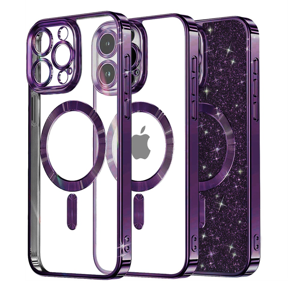 Husa pentru iPhone 15 Pro Max, SKYDDAR INNOVATION, Luxury Glitter Magsafe, Antisoc, Fundal Detasabil 2-in-1, Protectie Superioara, Margini Ridicate, Mov, set cu sticker