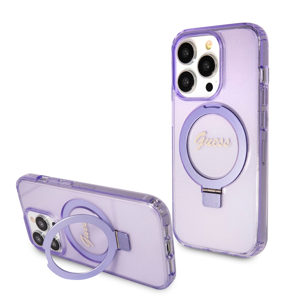 Husa pentru iPhone 15 Pro Ring Stand Script Glitter, Guess - Mov