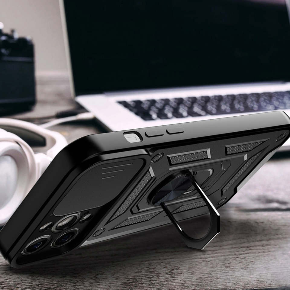 Husa pentru iPhone 15 Pro, SKYDDAR INNOVATION, CamShield, Albastru, set cu sticker - 2 | YEO