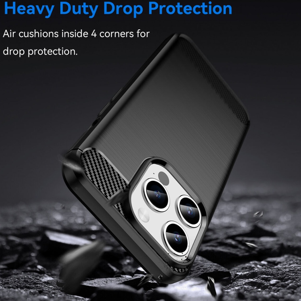 Husa pentru iPhone 15 Pro, SKYDDAR INNOVATION, Carbon Silicone, din Silicon Premium, Slim, cu textura Fibra Carbon, Negru, set cu sticker - 2 | YEO