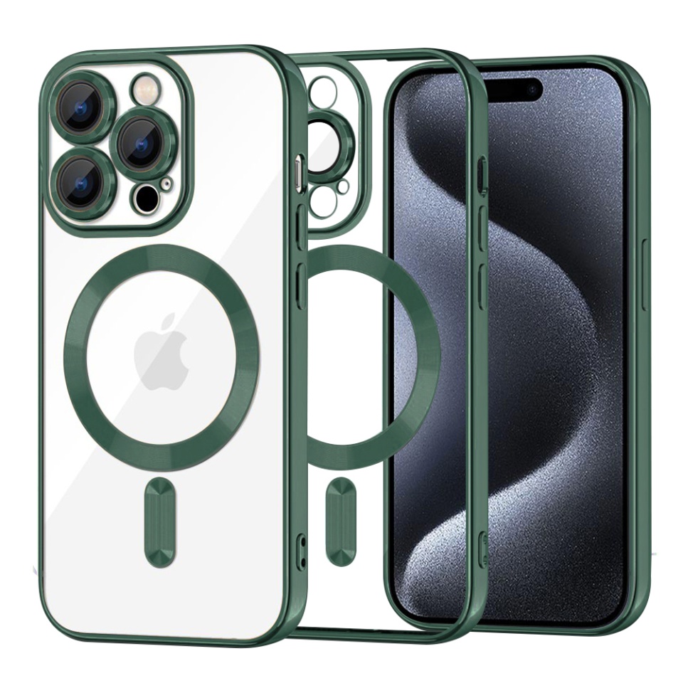 Husa pentru iPhone 15 Pro, SKYDDAR INNOVATION, Luxury Shield Magsafe, Protectie Antisoc, Verde inchis, set cu sticker