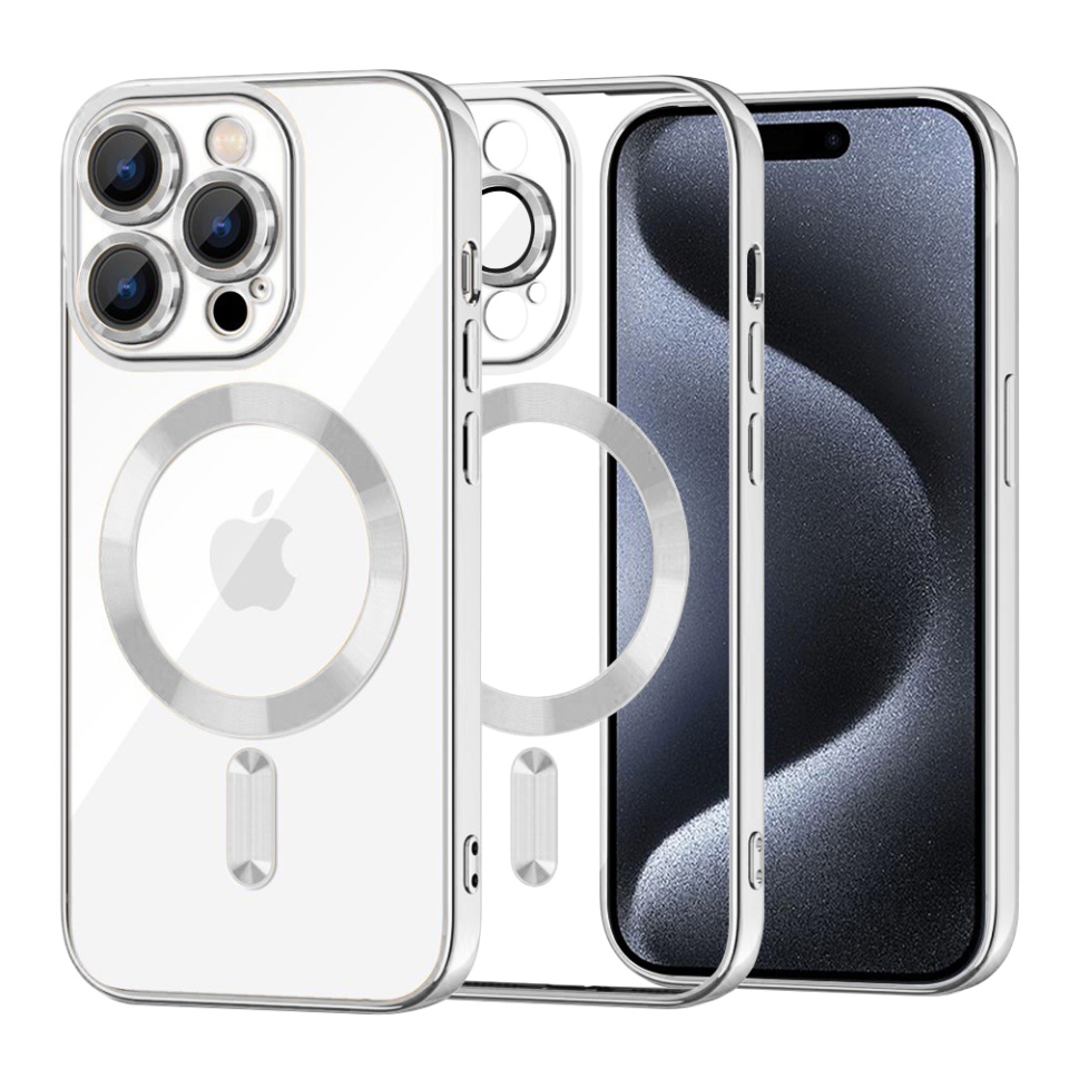 Husa pentru iPhone 15 Pro, SKYDDAR INNOVATION, Luxury Shield Magsafe, Protectie Antisoc, Argintiu, set cu sticker