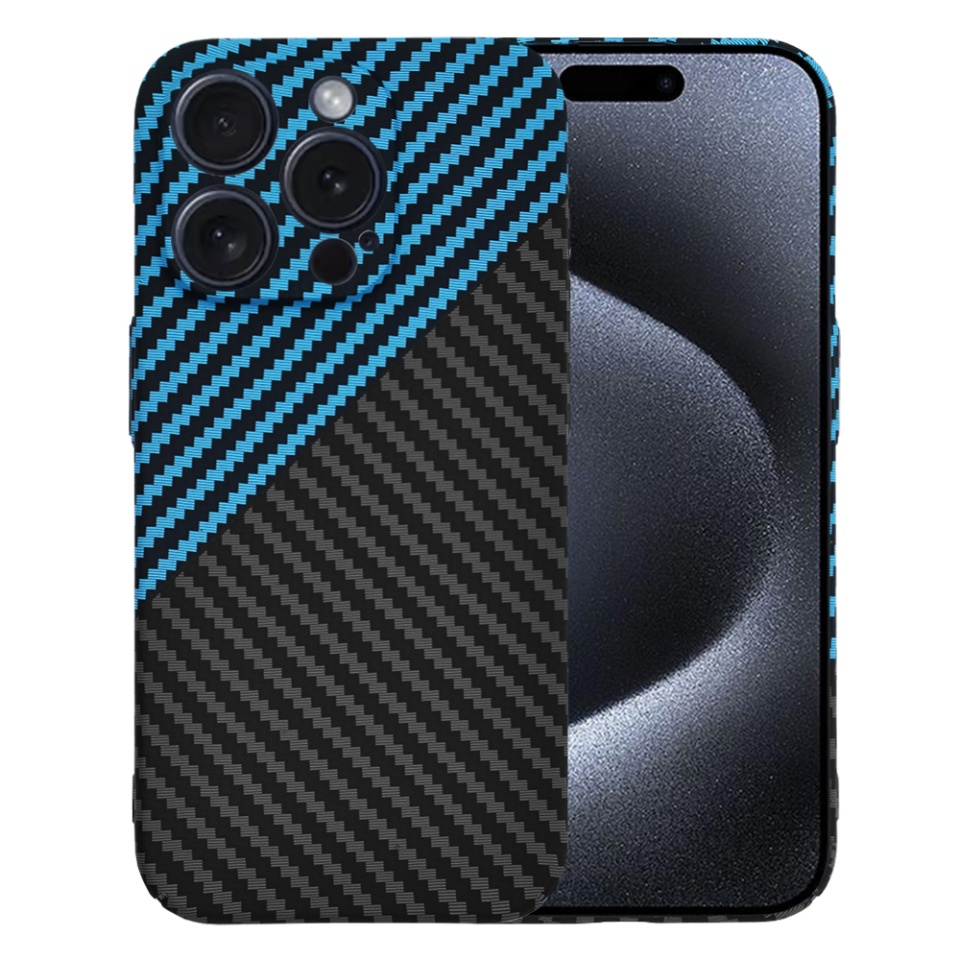 Husa pentru iPhone 15 Pro, SKYDDAR INNOVATION, textura carbon, Carbonite FiberShell, Bleu, set cu sticker