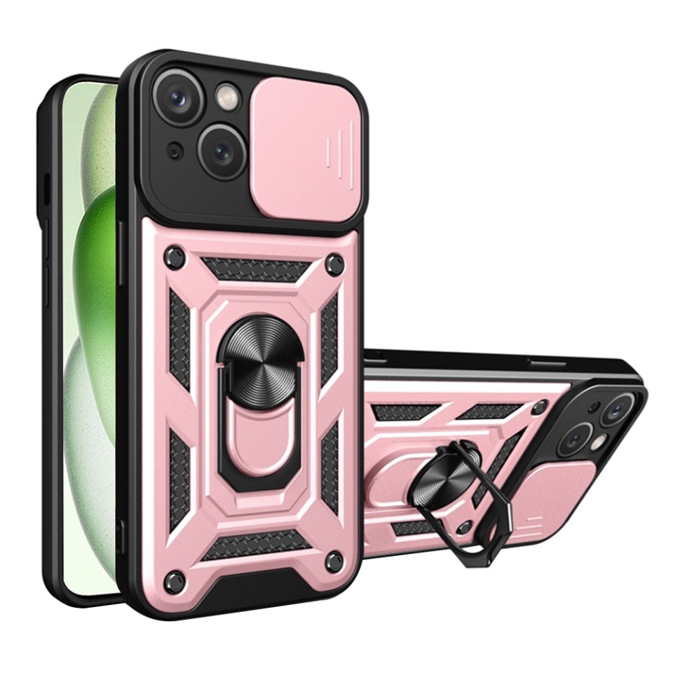 Husa pentru iPhone 15, SKYDDAR INNOVATION, CamShield, Roz, set cu sticker