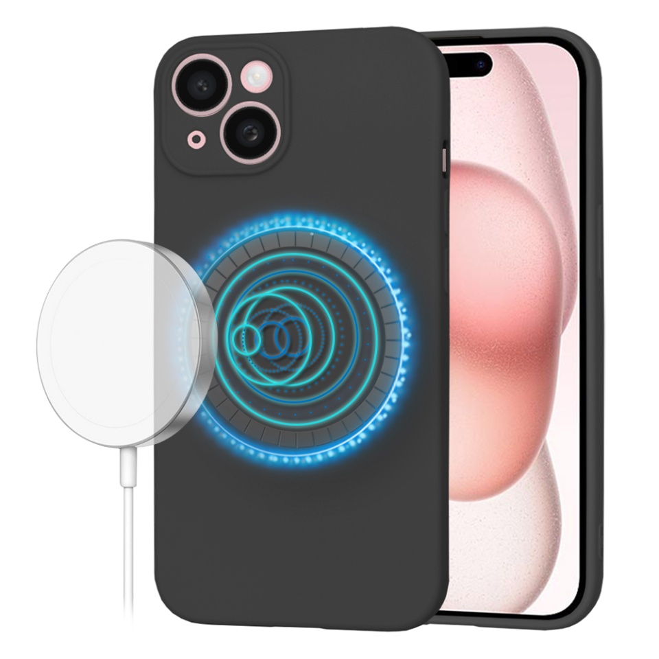Husa pentru iPhone 15, SKYDDAR INNOVATION, din Silicon Catifelat, SoftFlex Magsafe, Negru, set cu sticker