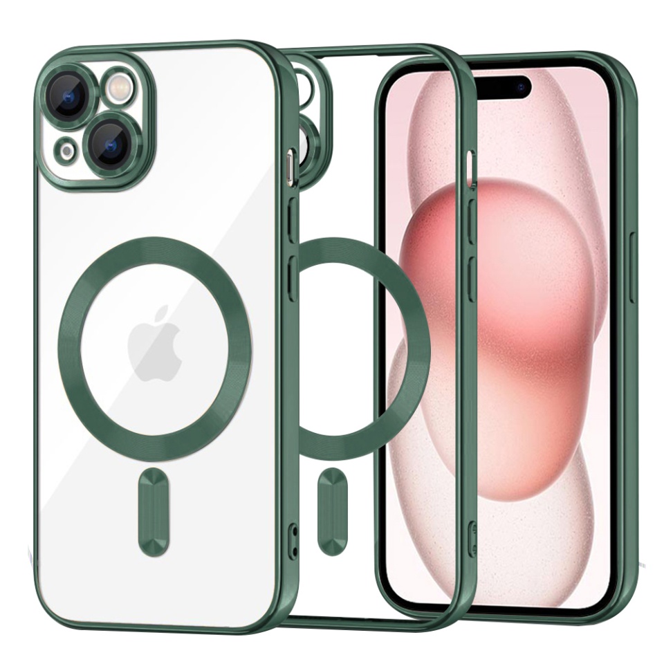 Husa pentru iPhone 15, SKYDDAR INNOVATION, Luxury Shield Magsafe, Protectie Antisoc, Verde inchis, set cu sticker