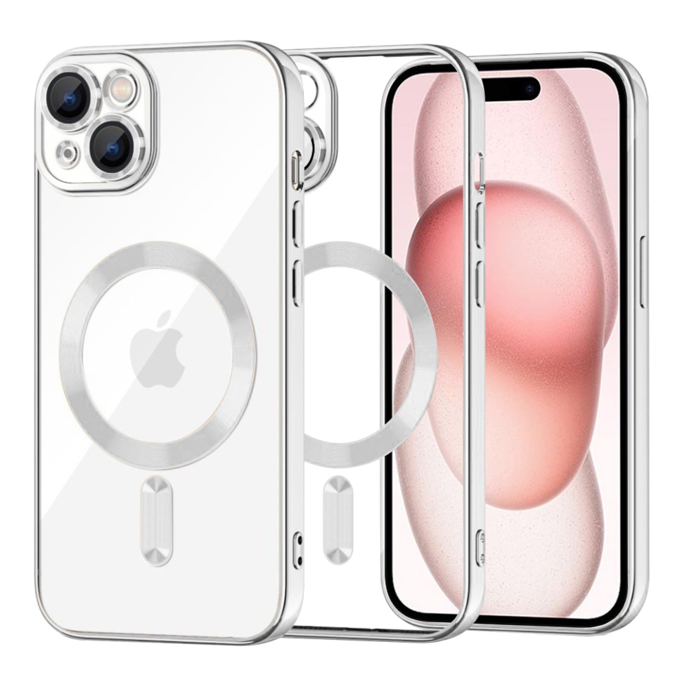 Husa pentru iPhone 15, SKYDDAR INNOVATION, Luxury Shield Magsafe, Protectie Antisoc, Argintiu, set cu sticker