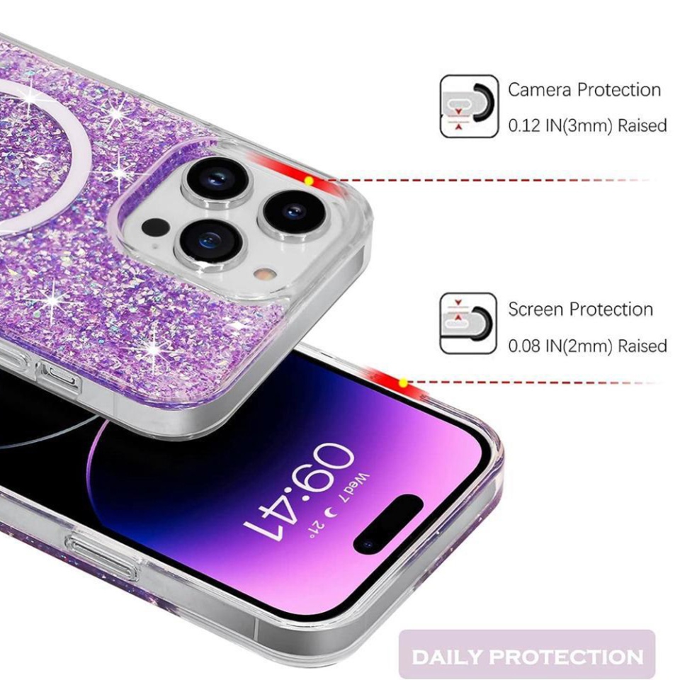 Husa pentru iPhone 15, SKYDDAR INNOVATION, SparkleCase, din Silicon cu Sclipici, Protectie Completa, Mov, set cu sticker - 1 | YEO