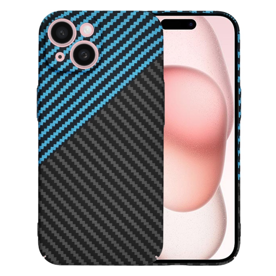 Husa pentru iPhone 15, SKYDDAR INNOVATION, textura carbon, Carbonite FiberShell, Bleu, set cu sticker