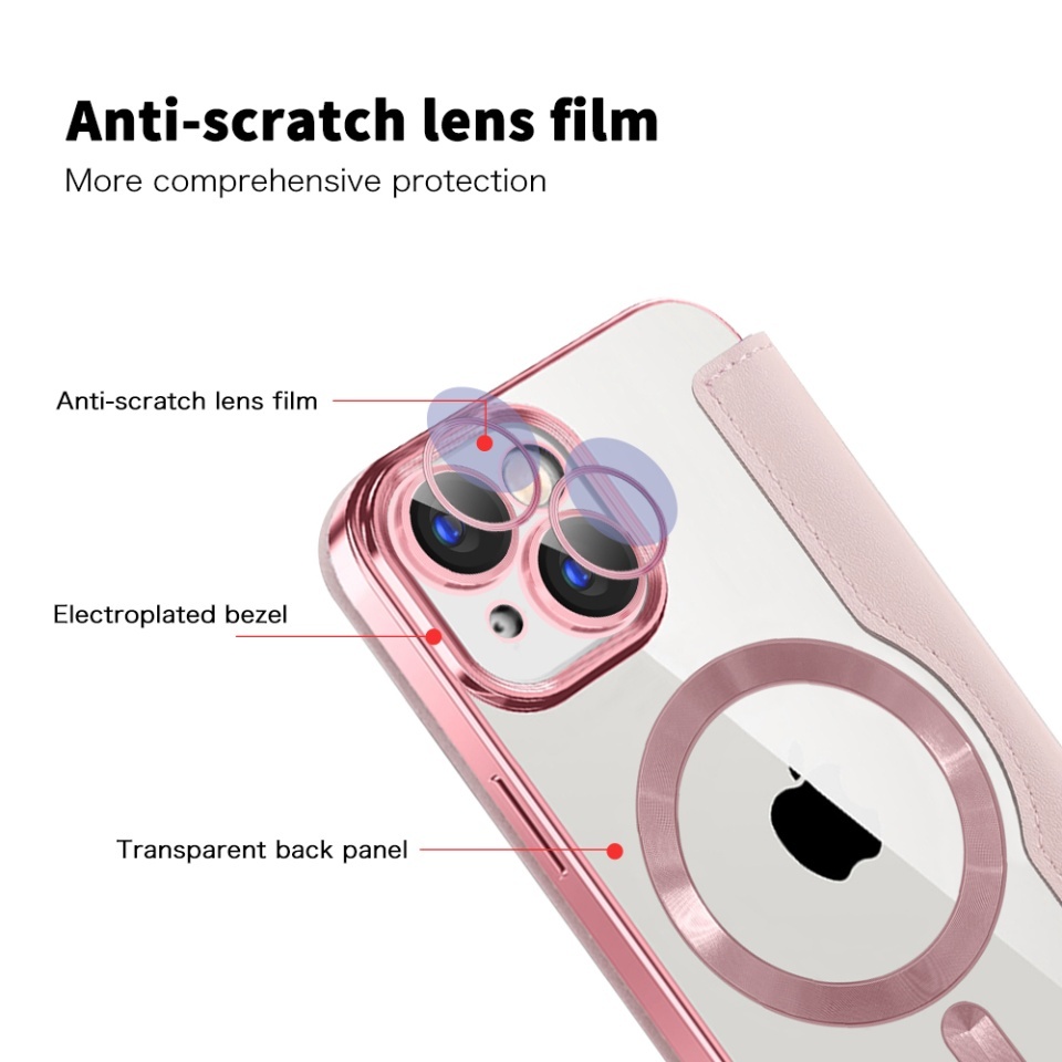 Husa pentru iPhone 15 tip carte, SKYDDAR INOVATION, SmartMag Book, Magsafe, RFiD, Suport Carduri, set cu sticker, Roz - 2 | YEO