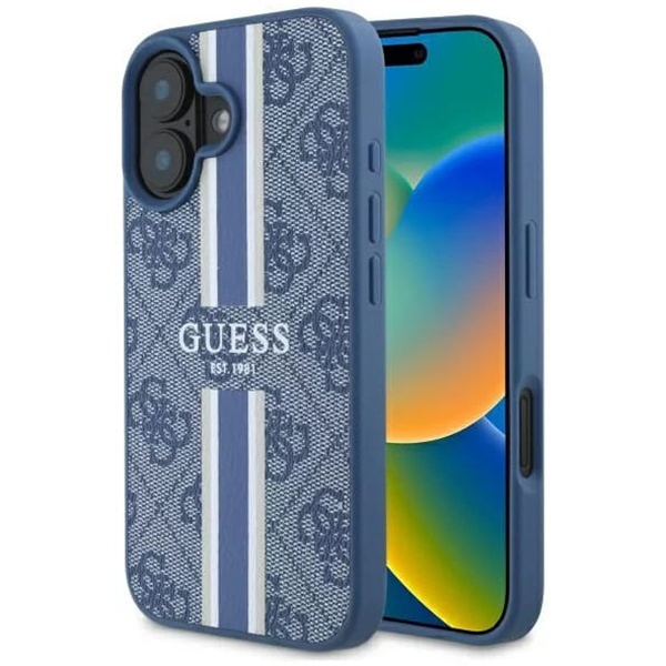 Husa pentru iPhone 16, Guess, Hardcase 4G Printed Stripes MagSafe, Albastru