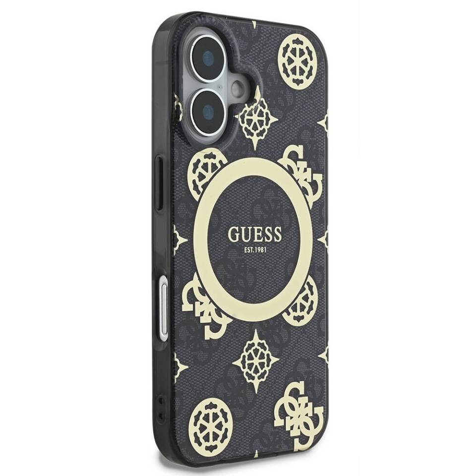 Husa pentru iPhone 16, Guess MagSafe Denim Pattern, Compatibila, Cadru Silicon, Logo Auriu, Design Slim, Negru - 3 | YEO