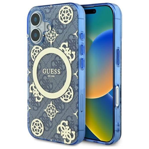 Husa pentru iPhone 16, Guess MagSafe Denim Pattern, Compatibila, Cadru Silicon, Logo Auriu, Design Slim, Albastru