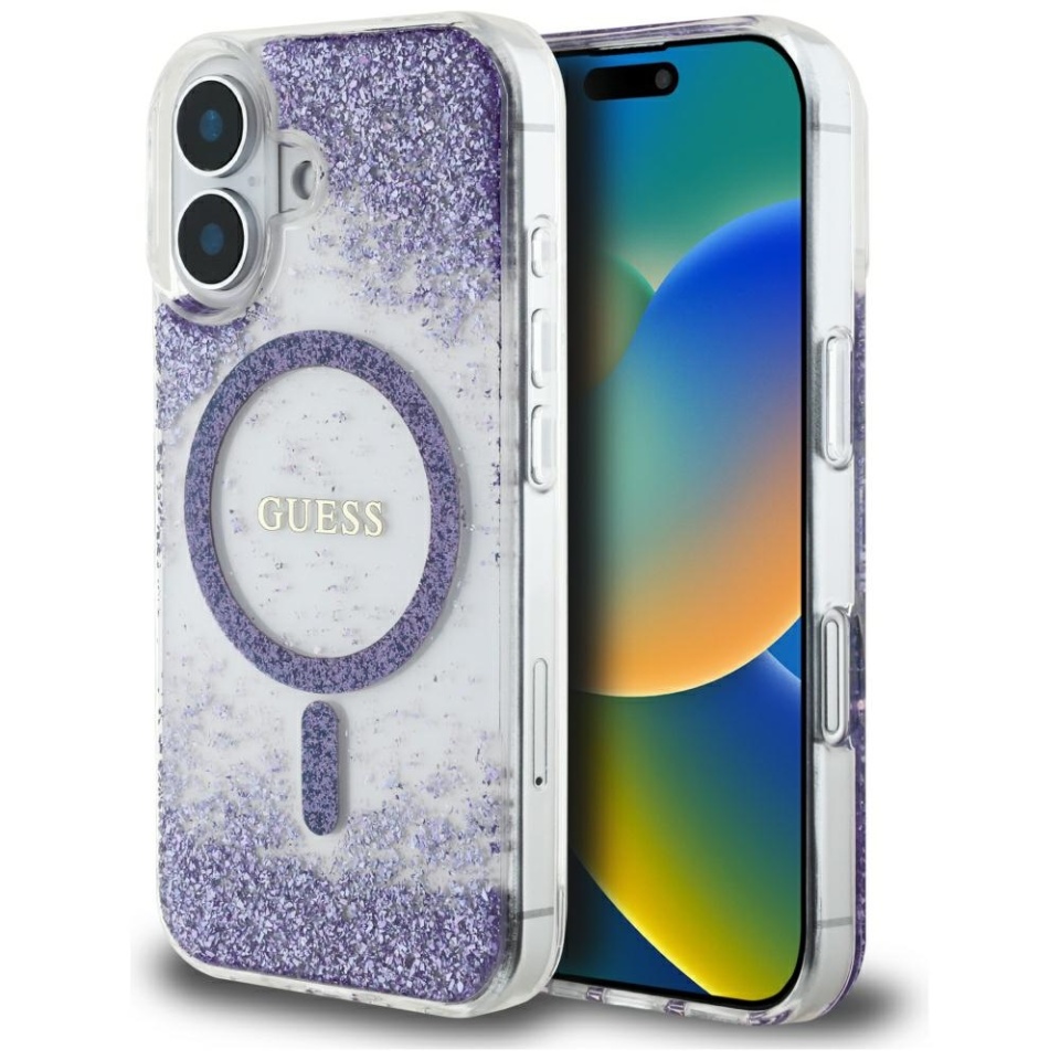 Husa pentru iPhone 16, Hardcase Resin Bottom Glitter MagSafe, Guess - Mov