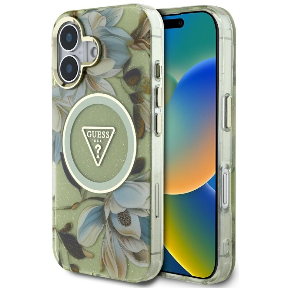 Husa pentru iPhone 16, IML Flowers with Pearl Strap MagSafe, Guess - Verde